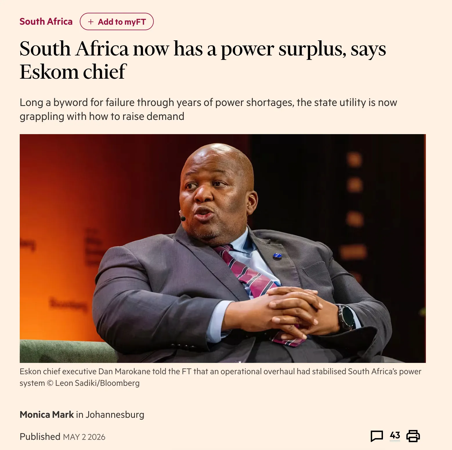 FT article claiming South Africa has a power surplus